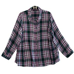 Lane Bryant Women’s‎ Plaid Flannel Shirt Green Pink Sparkle Roll Tab Size 22/24